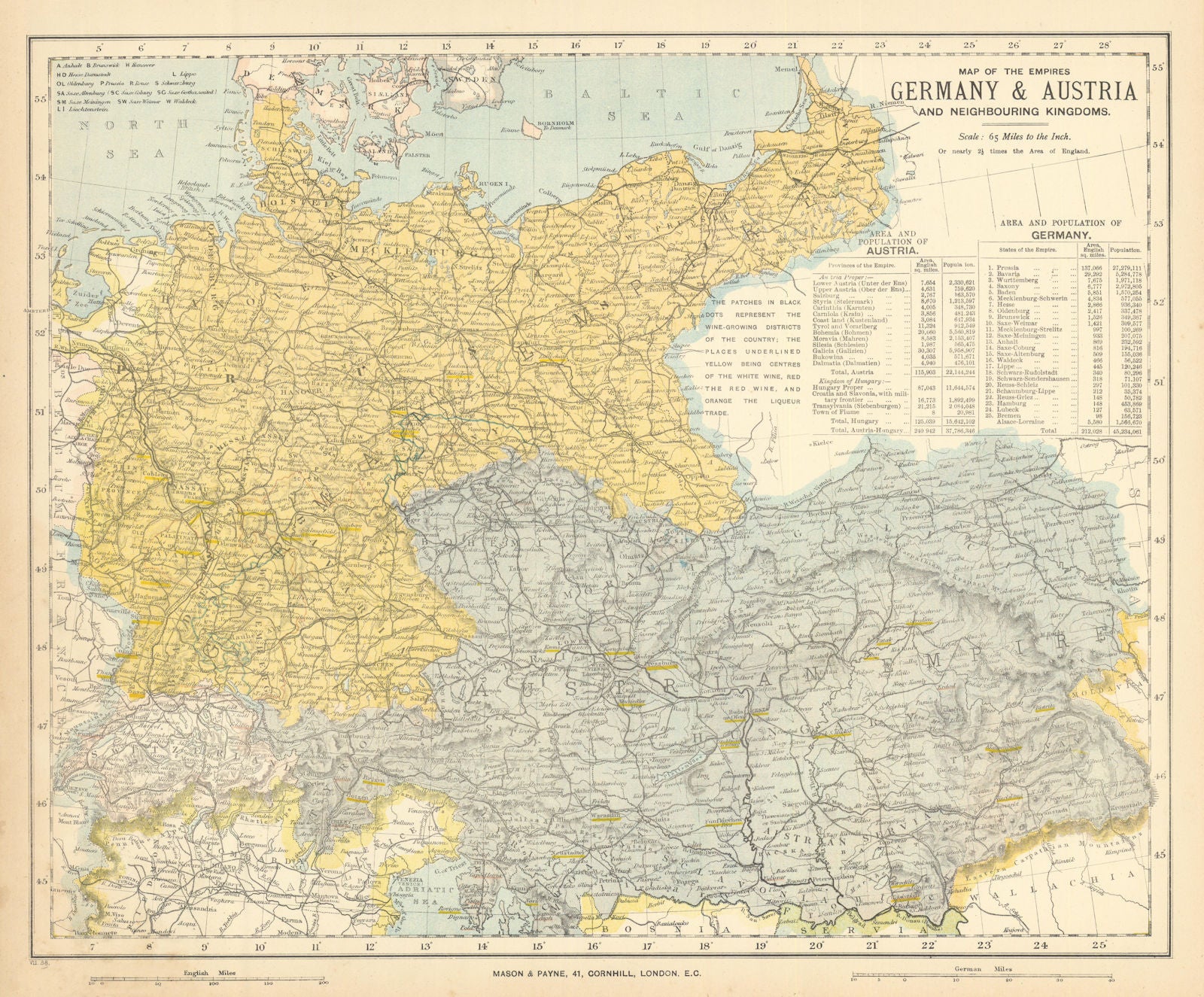 GERMANY & AUSTRIA-HUNGARY. Red & white wine growing regions. LETTS 1892 map